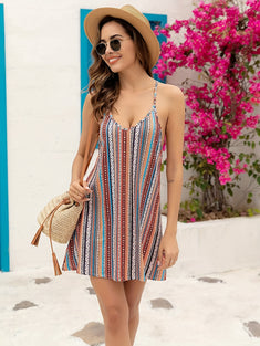 Geo Print Spaghetti Strap Dress, Boho V-neck Backless Cami Dress, Women's Clothing