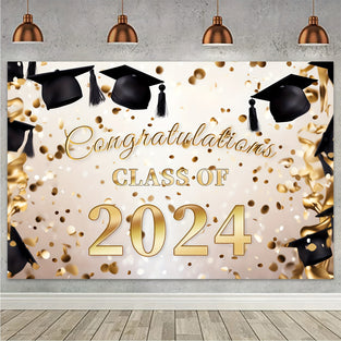 1pc 152.4×91.44cm Class Of 2024 Graduation Backdrop Black Gold Glitter Large Graduation Party Background 2024 Congrats Grad Banner Prom Party Cake Table Decoration Photo Booth Props