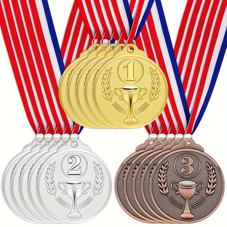 3-Piece Golden, Silvery, Bronze Metal Award Medals with Neck Ribbon for Sports Competition