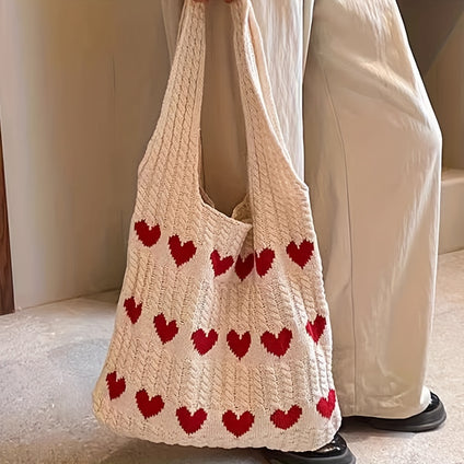 1pc, Love Heart Pattern Tote Bag, Aesthetic Knitted Shoulder Bag, FashionCrochet Bag For Women, Valentine's Day Gift, Large Tote Top Handle Shoulder Bags, Shopping Travel Work Reusable Portable Tote Bag, Party Supplies, Holiday Supplies