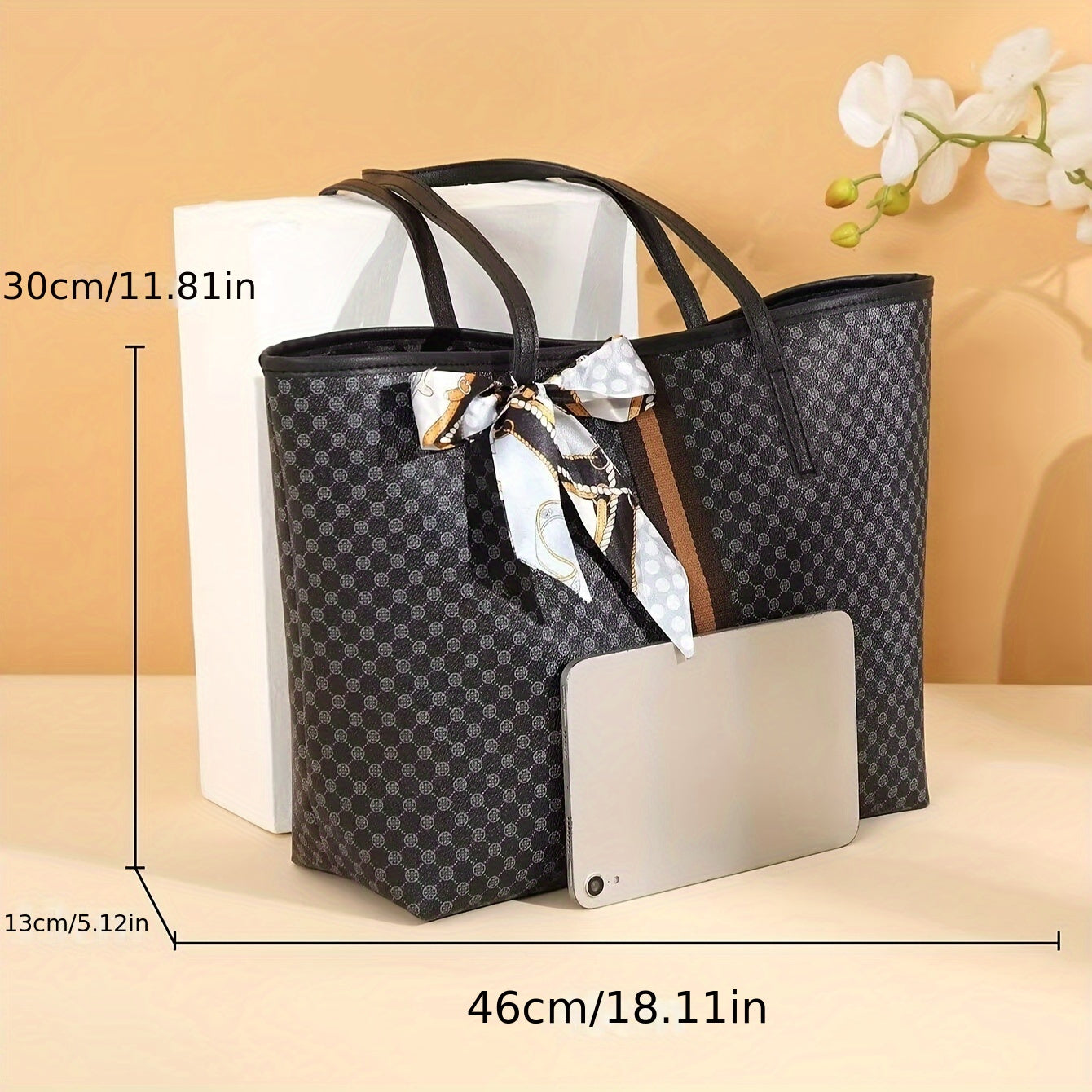 Chic Polka Dot Tote Bag with Matching Scarf Accent - Stylish and Spacious Handbag for Women