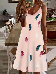 Feather Print Cami Dress, Sexy Sleeveless Summer Midi Dress, Women's Clothing