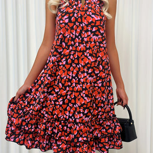 Heart Print Cut Out Dress, Elegant Tiered Ruffle Hem Sleeveless Dress, Women's Clothing