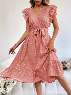 Heart Print Ruffle Trim Dress, Elegant Belted V-neck Dress For Spring & Summer, Women's Clothing