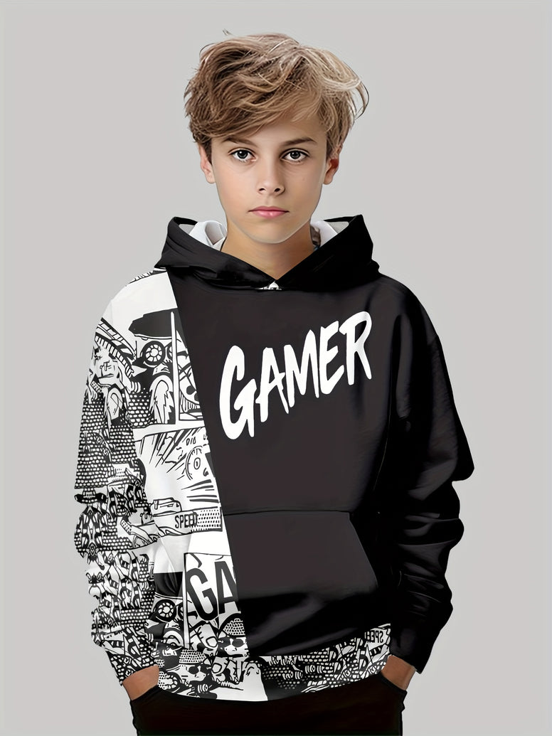 Cool Gamer Letter 3D Print Boys Colorblock Long Sleeve Hoodie - Stay Stylish and Cozy this Spring/Fall!