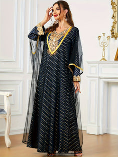 Ramadan Elegant Two-piece Kaftan Set, Polka-dot Print Floral Applique Maxi Dress & Mesh Cover Up, Women's Clothing