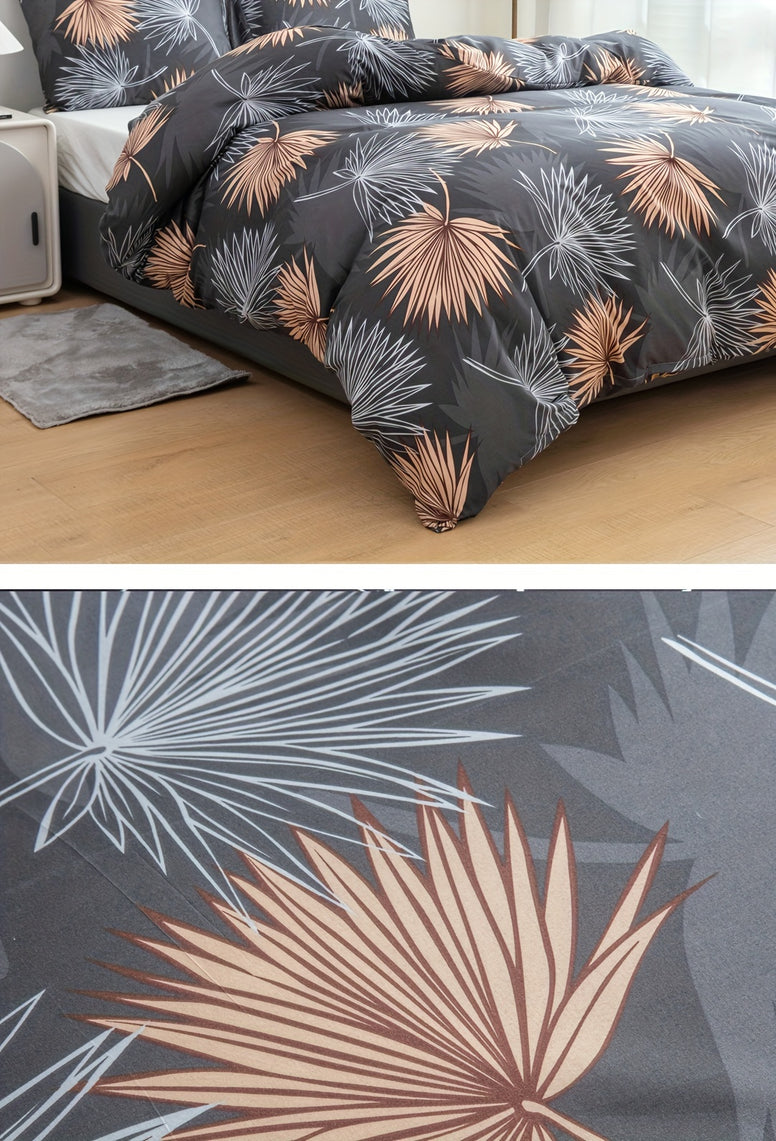 Elegant Dark Gray Leaf Duvet Cover Set