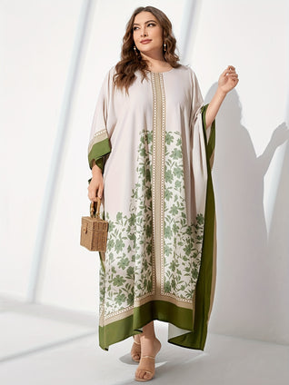 Floral Print Crew Neck Kaftan Abayas, Elegant Batwing Sleeve Maxi Dress, Women's Clothing