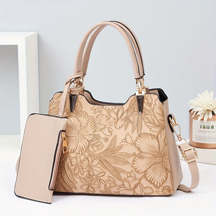 Women's Floral Embossed Handbag, Fashion Trend Large Capacity Tote Bag With Shoulder Strap, PU Leather Crossbody Purse For Ladies, Elegant Mom Bag With Handle