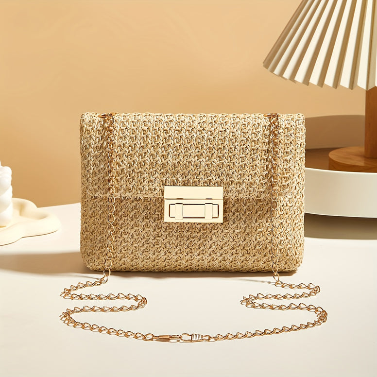 Stylish Women's Straw Crossbody Bag: Chic Design with Detachable Chain Strap and Phone Pocket