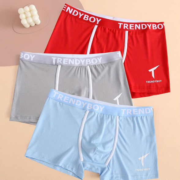 3PCS Men's Cotton Solid Color Comfortable Boxer Briefs - Fashion Letter Print, Sports Breathable Men's Underwear