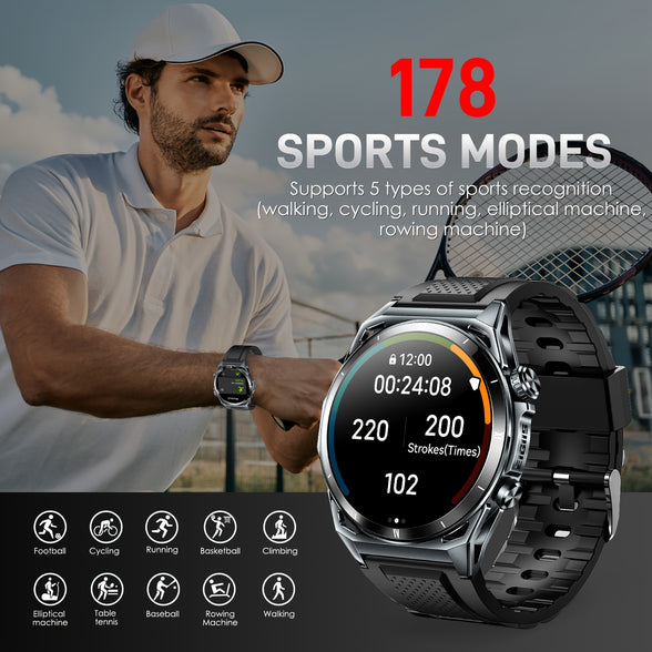 EIGIIS Smart Watch: 3.63cm AMOLED HD Screen, Sleep Tracker, Wireless Call, Pedometer, Music Control, 100  Sport Modes, Rugged Business Style Watch for iPhone and Android - Perfect for Men!