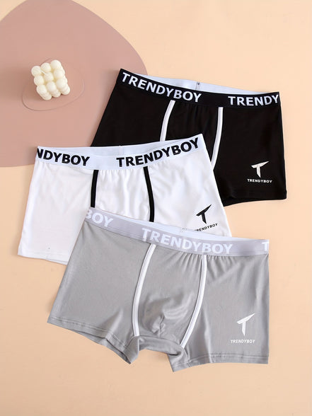 3PCS Men's Cotton Solid Color Comfortable Boxer Briefs - Fashion Letter Print, Sports Breathable Men's Underwear