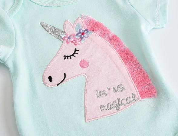 3pcs Baby's Unicorn-Themed Cotton Triangle Bodysuit Set: Comfy Short Sleeve Rompers for Everyday Wear