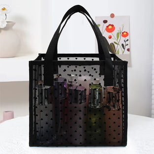 Fashionable & Minimalist Mesh Tote Bag Heart Decor Cosmetic Storage Bag Black Handbag For Women