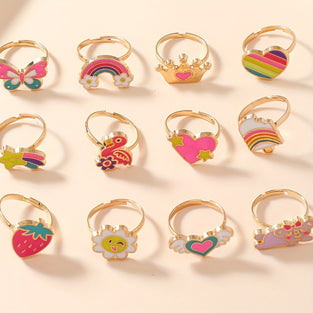 12pcs Girls Cartoon Rainbow-colored Enamel Adjustable Alloy Rings