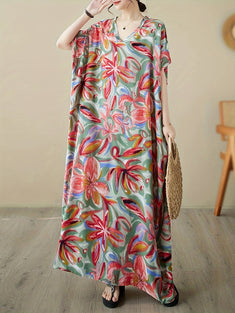 Floral Print Dress With Pockets, Vacation Casual V Neck Maxi Dress For Summer, Women's Clothing