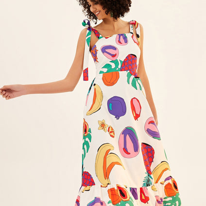 Fruit Print Ruffle Hem Dress, Boho Backless Knotted Midi Dress, Women's Clothing