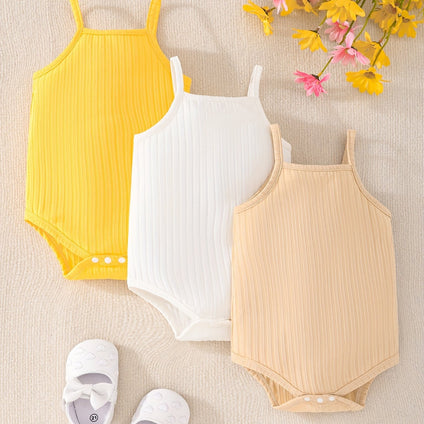 Summer Chic: 3pcs Baby's Ribbed Triangle Bodysuit Sleeveless Romper for Toddler Girls