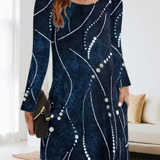 Abstract Print Dress, Casual Crew Neck Long Sleeve Dress, Women's Clothing