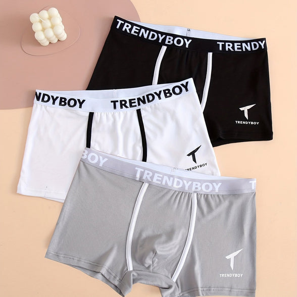 3PCS Men's Cotton Solid Color Comfortable Boxer Briefs - Fashion Letter Print, Sports Breathable Men's Underwear