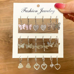 9pairs/set Hoop Earrings Heart Zircon Butterfly Pendant Design Alloy Earrings Cute Elegant Style Jewelry Trendy Gift For Women