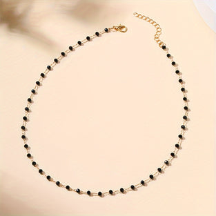 1pc Black Color Mini Faux Crystal Beads Beaded Necklace Simple Zinc Alloy Long Pendant Neck Chain