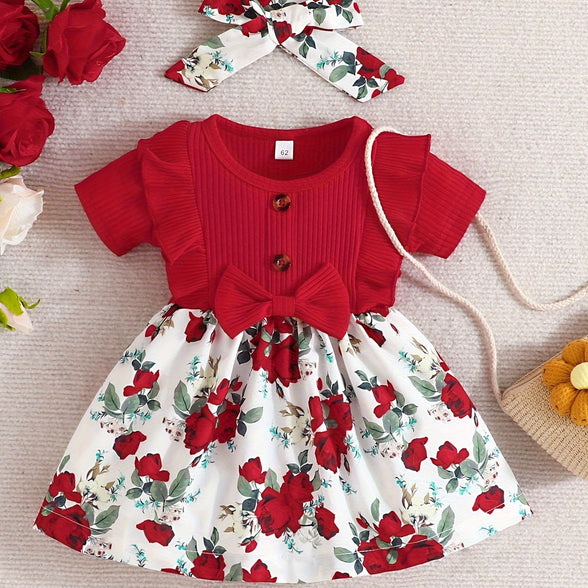 Adorable Baby Girls Casual Ruffle Short Sleeve Floral Dress with Headband Set