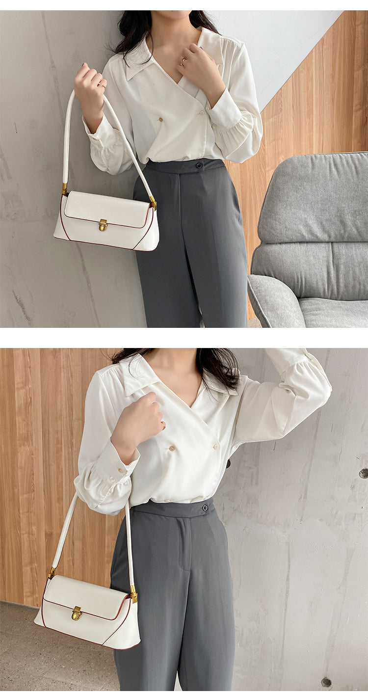 Chic Retro Buckle Decor Baguette Shoulder Flap Handbag for Trendy Women