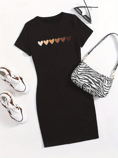 Heart Print Bodycon Dress, Casual Short Sleeve Dress For Spring & Summer, Women's Clothing