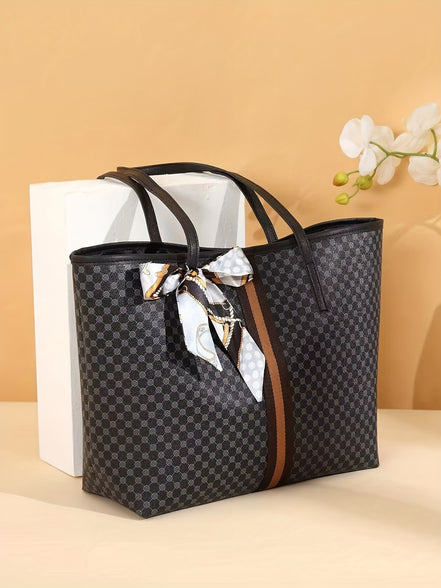 Chic Polka Dot Tote Bag with Matching Scarf Accent - Stylish and Spacious Handbag for Women