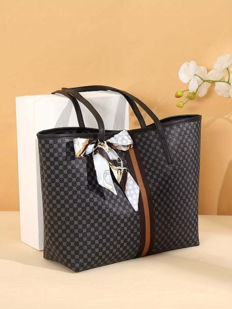 Chic Polka Dot Tote Bag with Matching Scarf Accent - Stylish and Spacious Handbag for Women