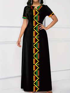 Ethnic Print Keyhole Dress, Casual Crew Neck Short Sleeve Maxi Dress, Women's Clothing