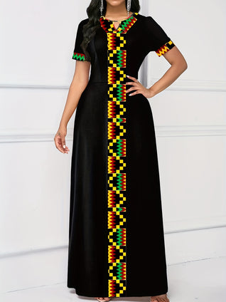 Ethnic Print Keyhole Dress, Casual Crew Neck Short Sleeve Maxi Dress, Women's Clothing