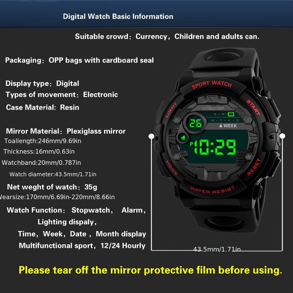 Sporty Digital Watch: Alarm, Calendar, 12/24 Hour Display, Water-Resistant, Light-Up Feature