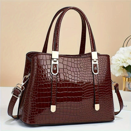 Glossy Crocodile Pattern Handbag, Elegant Top Handle Tote Bag, Fashion Crossbody Bag, Purse For Women