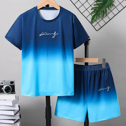 Boys' Summer Essentials: 2-Piece Letter Print Gradient Style T-Shirt & Shorts Set