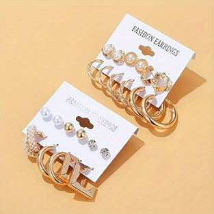 12 Pairs/ Set Golden Stud Earrings & Hoop Earrings Simple Leisure Style Zinc Alloy Jewelry Trendy Female Gift