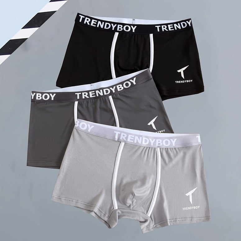 3PCS Men's Cotton Solid Color Comfortable Boxer Briefs - Fashion Letter Print, Sports Breathable Men's Underwear