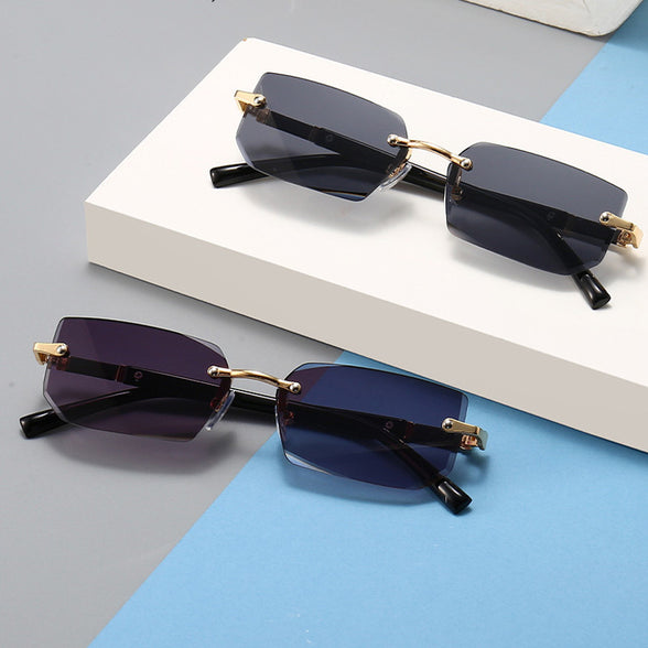 Vintage Stylish Rimless Gold Frame Black Hip Hop Sunglasses for Men