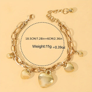 1 Pc Double Layer Heart Pendant Bracelet Zinc Alloy Jewelry Elegant Leisure Style Adjustable Female Hand Decor