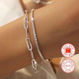 925 Silver Double Layers Link Chain Bracelet with Gift Box