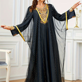 Ramadan Elegant Two-piece Kaftan Set, Polka-dot Print Floral Applique Maxi Dress & Mesh Cover Up, Women's Clothing