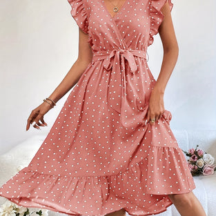 Heart Print Ruffle Trim Dress, Elegant Belted V-neck Dress For Spring & Summer, Women's Clothing