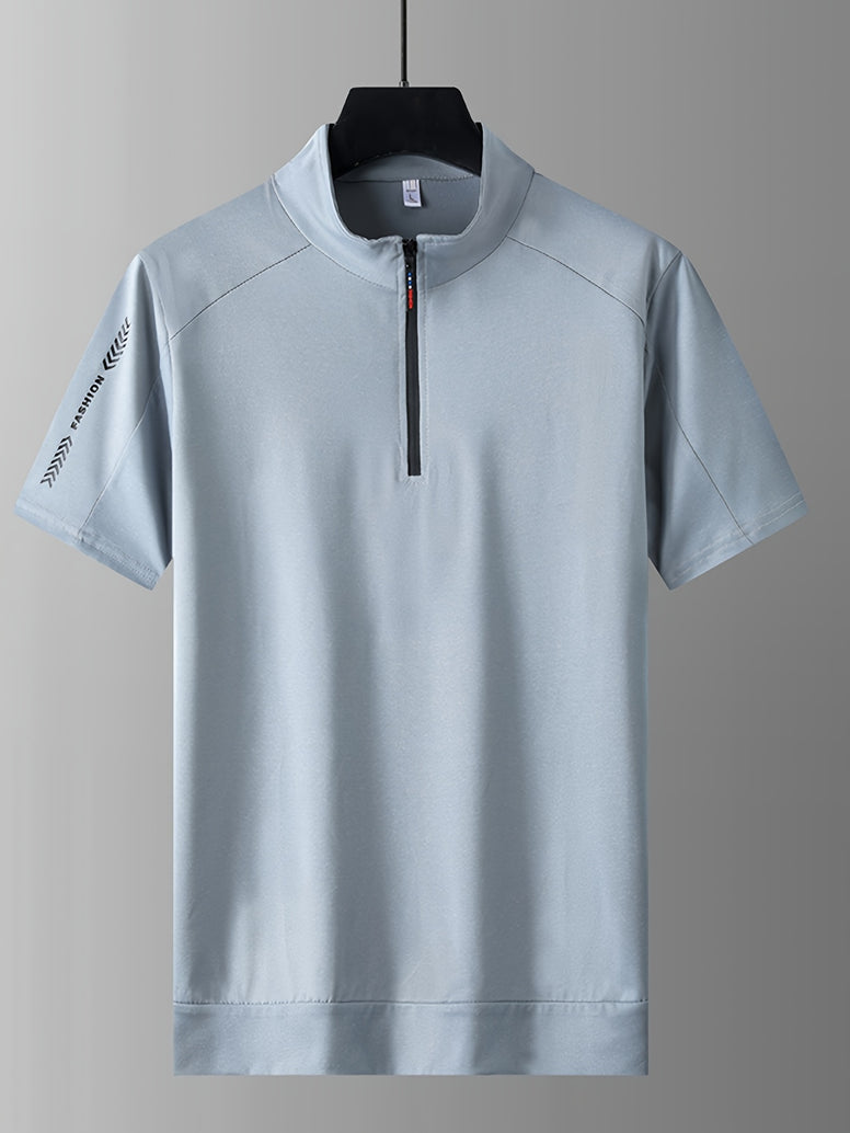 Men's Zippered Henley Neck Solid Short Sleeve Shirt: Casual and Chic for Summer Golf and Outdoor Activities