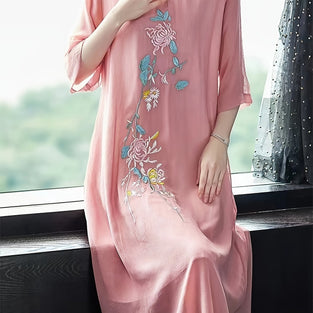 Floral Embroidered Chinese Vintage Cheongsam, Elegant Bodycon Short Sleeve Frog Button Mandarin Collar Dress, Women's Clothing