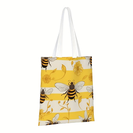 1pc, Canvas Hardworking Bee Print Tote Bag Large Women's Casual Reusable Shoulder Bag Tote Bag With Zipper Casual Tote Bag Shopping Travel Beach Cloth Bag, Large Tote Top Handle Shoulder Bags, Shopping Travel Work Reusable Portable Tote Bag