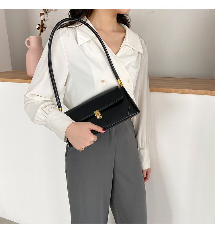 Chic Retro Buckle Decor Baguette Shoulder Flap Handbag for Trendy Women