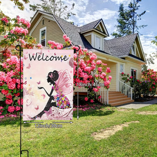 1pc, Welcome Fairy Outdoor Garden Flag, Pink Flower Cartoon Butterfly Angel Floral Vertical House Flags, Double Sided Patio Lawn Party Decorations, No Flagpole 30.48 X 45.72 Cm