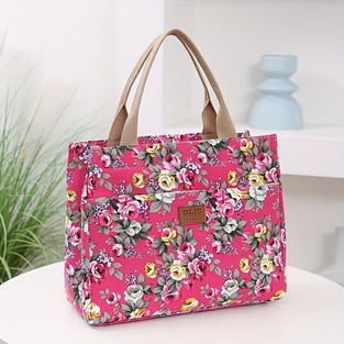 1pc Fashion Floral Print Tote Bag, Portable Canvas Lunch Bag, Casual Handbag & Bento Mommy Bag For Picnic Travel